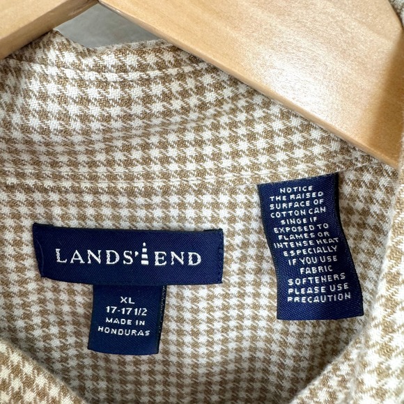 Land's End Tan/White Houndstooth Button Down Flannel Shirt Men's XL - Picture 13 of 14